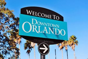 Orlando downtown welcome sign with tropical scene